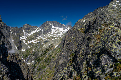 An outstanding mountain landscape of the High Tatras. A view from the Lomnicka Pass to the Prostredny Hrot.