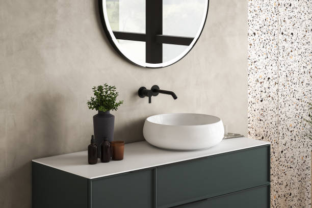 3d-rendern nahaufnahme perspektive leerer raum auf keramischer waschtischunterschrank-arbeitsplatte im badezimmer mit weißem keramikporzellanwaschbecken mit wasserhahn, morgensonne, wand, eleganz - home interior bathroom counter top wash bowl stock-fotos und bilder