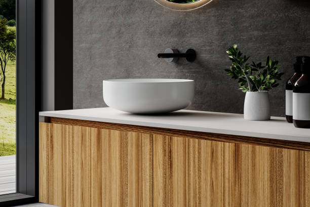 renderice en 3d un primer plano del espacio vacío en la encimera de la unidad de tocador blanca con lavabo, grifo de botellas de jabón y espejo en un baño de estilo moderno. - home interior bathroom counter top wash bowl fotografías e imágenes de stock