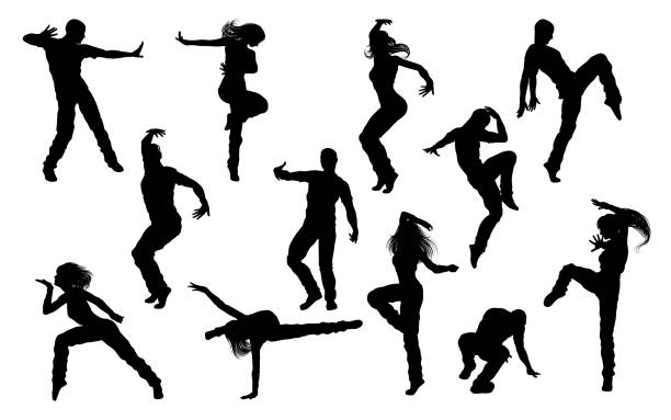 ilustraciones, imágenes clip art, dibujos animados e iconos de stock de siluetas de bailarina de danza callejera - silhouette people dancing the human body