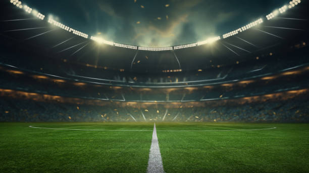 kuvapankkikuvat ja rojaltivapaat kuvat aiheesta kuvioitu jalkapallo pelikenttä neonsumulla - keskellä, keskikenttä - stadium