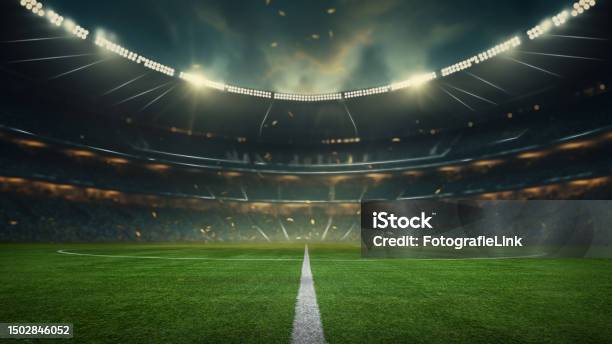 Textured Soccer Game Field With Neon Fog Center Midfield Stock Photo - Download Image Now