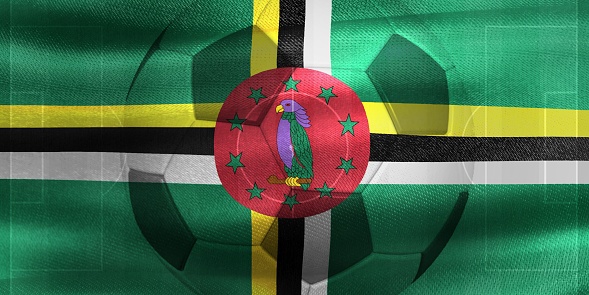 The flag of Dominica with a soccer ball.