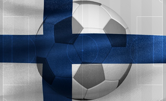 The flag of Finland with a soccer ball.