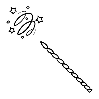 Witchcraft with a magic wand. Sketch. A twisted wand twisted in a spiral creates a swirling movement of fairy dust. Miracle tool. Vector illustration. Doodle style. Outline on isolated background. Idea for web design.