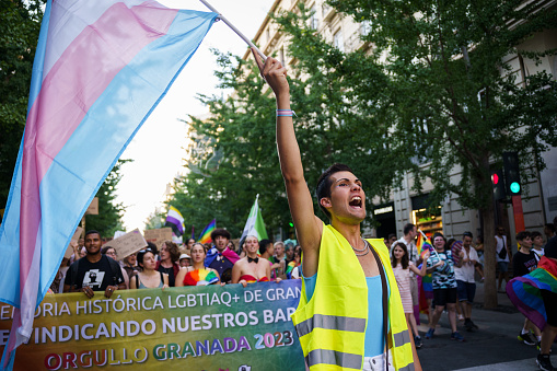 Granada, Spain. June 26, 2023. Many people claiming their rights at LGBTQ Pride demonstration