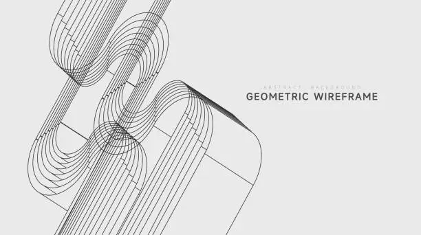 Vector illustration of abstract black and white geometric 3D structure wire pattern background for design
