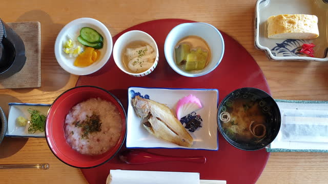 Japanese food breakfast set morning meal porridge grill fish miso soup pickle vegetable and other side dishes top view