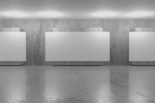 Exhibition or gallery hall. Abstract architecture space. Empty poster on concrete wall. 3d rendering