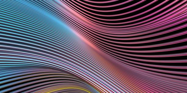 istock Abstract stripes wavy background. Colorful reflections on dark metallic surface 1502856979
