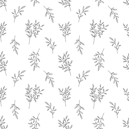 Leafy branch olive seamless pattern black line. Editable stroke vintage plant coloring book outline print tree twig bush floral textile home decor natural care cosmetic wallpaper web wrap backdrop