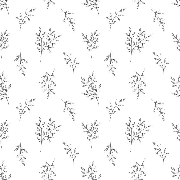 Vector illustration of Leaf branch twig olive seamless pattern black line