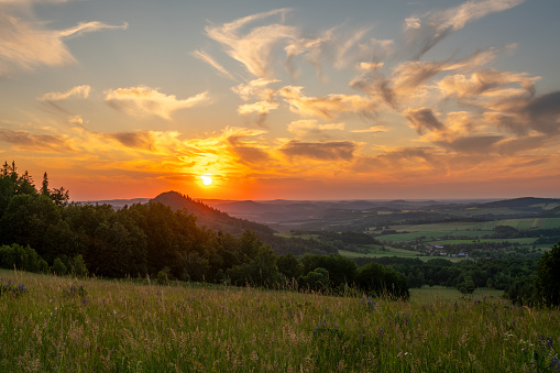 Sunset over the land of extinct volcanoes in Poland