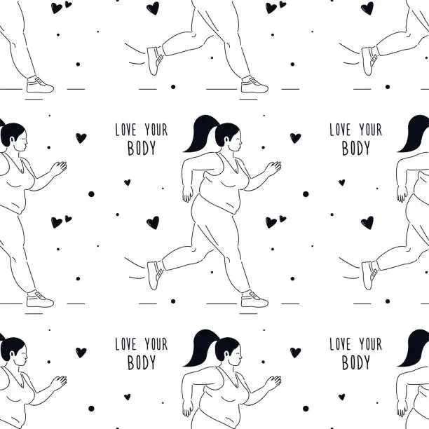 Vector illustration of Love your body, seamless pattern. Woman leads healthy lifestyle. Body positive girl running. Texture with beautiful plus size girl run to lose weight. Overweight lady training cardio.