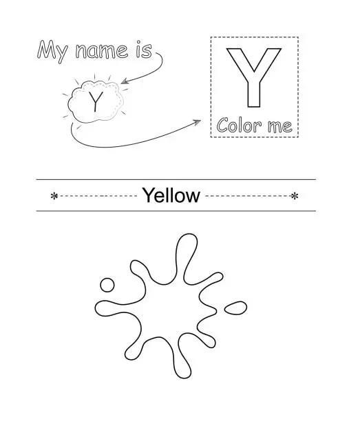 Vector illustration of Color the letter and picture. Coloring alphabet. Letter Y and a paint splatter.