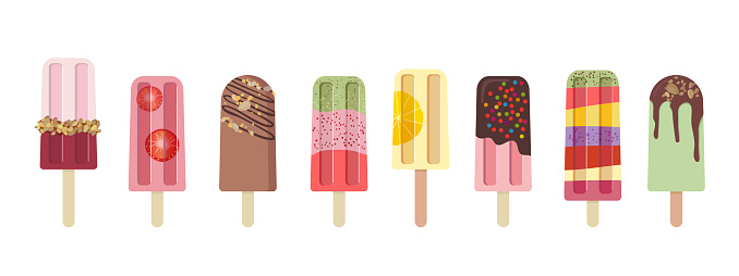 Set of fruit and chocolate popsicles, ice cream realistic, frozen dessert. Vector illustration