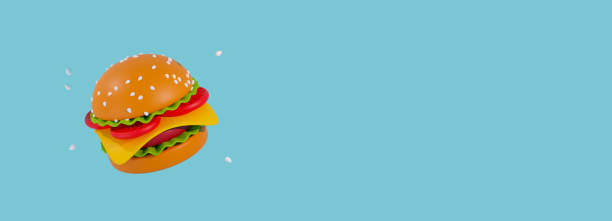 istock render 3d model of a cheeseburger with flying seeds on a blue background. advertising space, juicy toy-looking burger for children's cafe advertising 1502865806