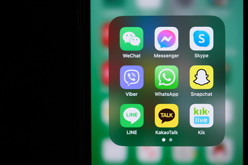 Shanghai,China-June 13st 2023: WhatsApp,LINE,Viber,WeChat,KaKaoTalk,Messenger,Skype,Snapchat,Kik Messenger App icon on screen. Assorted instant communication software application