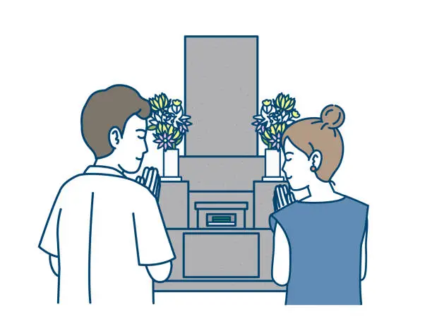 Vector illustration of Couple visiting a grave