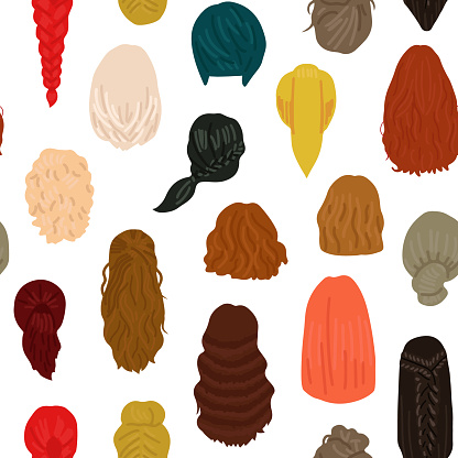 Women hairstyle concept. Seamless pattern with natural wigs and beautiful hairstyles. Back view vector illustration