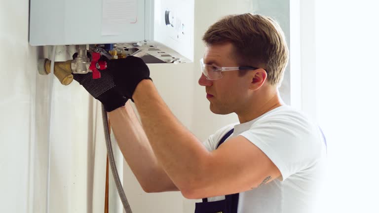 Closeup of plumber using wrench while fixing boiler or water heater, working on heating system in apartment