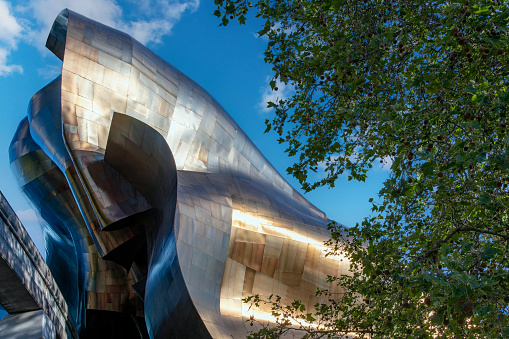 Seattle, WA, USA-July 2022; Low angle view of part of the sheet-metal construction of the façade of the Museum of Pop Culture (MoPOP) founded by Paul Allen and designed by Frank Gehry