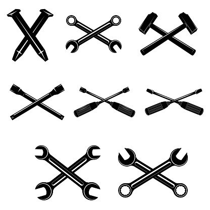 Set silhouettes of tools. Open-end wrench, adjustable wrench, spanner, hammer