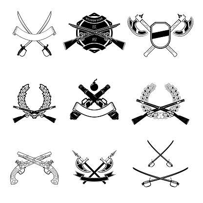 Set of weapon club emblems and design elements. Ancient weapon, Ax, sword, sabers, grenades