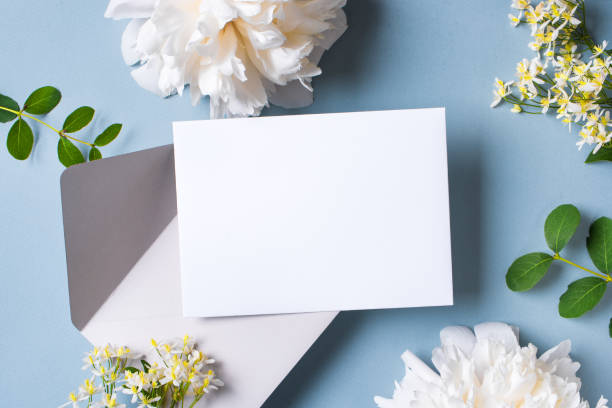 istock Greeting or invitation blank card and peony flowers 1502875070