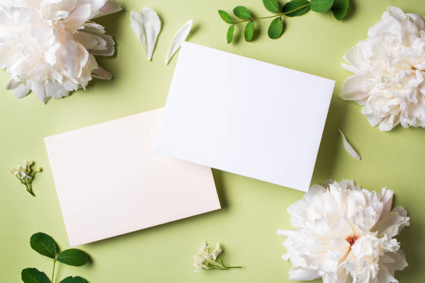 istock Greeting or invitation blank card and peony flowers 1502875555