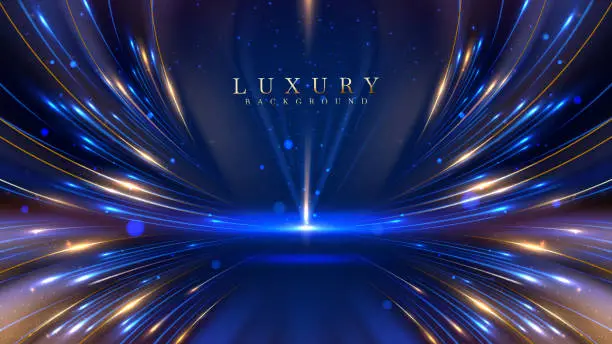 Vector illustration of Blue luxury background with golden line decoration and curve light effect with bokeh elements. Modern art elegant dark scene.