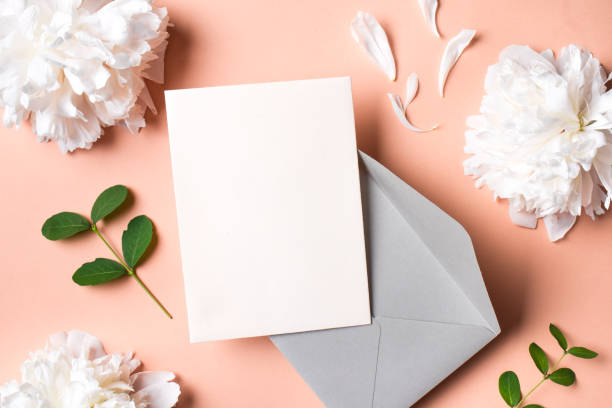 istock Greeting or invitation blank card and peony flowers 1502875684