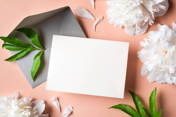 istock Greeting or invitation blank card and peony flowers 1502875732