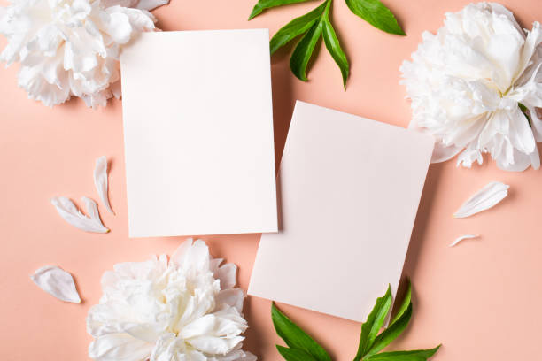 istock Greeting or invitation blank card and peony flowers 1502875854