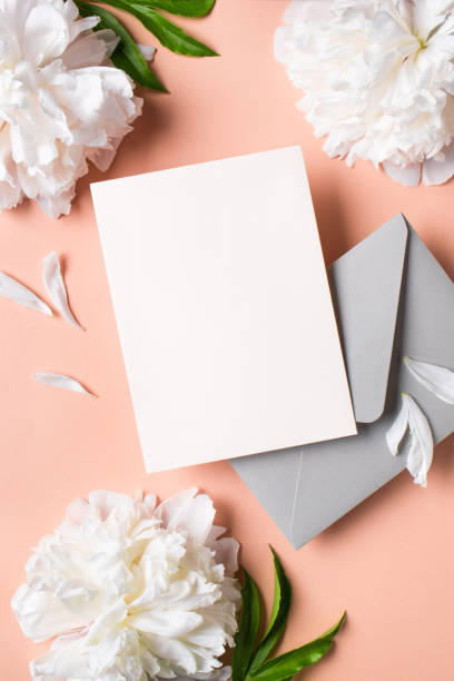 istock Greeting or invitation blank card and peony flowers 1502875987