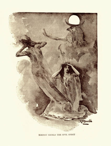 The God Khonsu expels the evill spirit, The possessed Princess of Bekhten, Ancient Egyptian mythology Vintage illustration scene The possessed Princess of Bekhten, Ancient Egyptian mythology, The God Khonsu expels the evil spirit egyptian demons stock illustrations