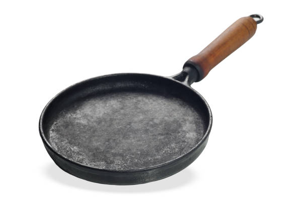Overhead shot of old toy silver frying pan, isolated on white with clipping path.