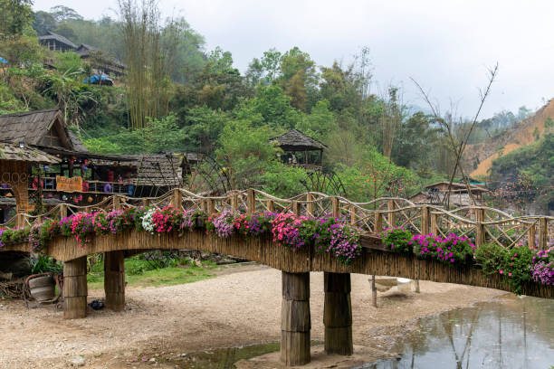 Cat Cat Village, Sapa, Vietnam-April 2023; Bridge over the river in the traditional village of Cat Cat know for its Water wheels for power generation and made of bamboo
