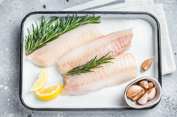 istock Uncooked Raw cod loin fillet steaks with herbs in kitchen tray. Gray background. Top view 1502880655