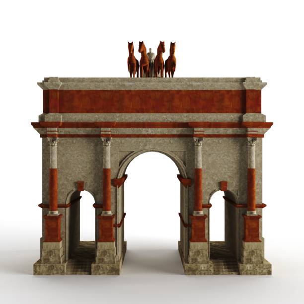 istock 3D rendered horses statues standing atop an ornate stone archway 1502881269