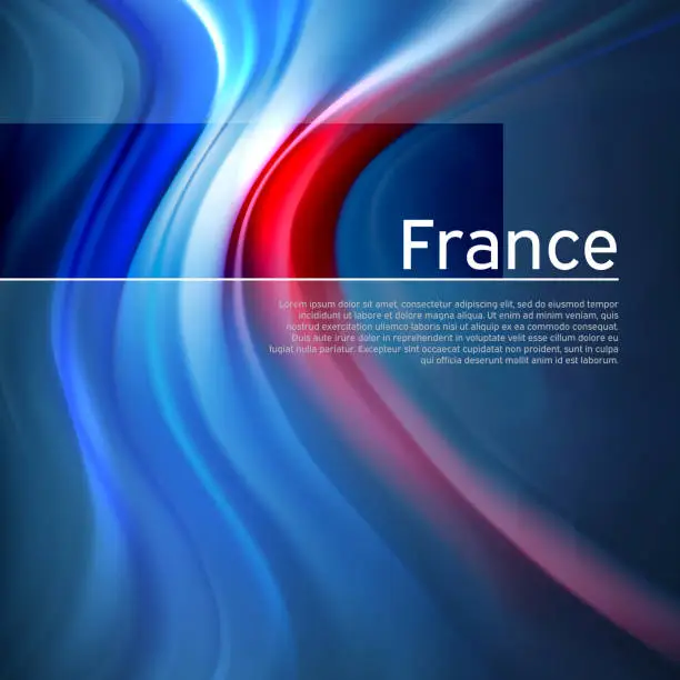 Vector illustration of France abstract flag background. Blurred pattern of light colors lines of the french flag in the blue sky, business brochure design. State banner, france poster, patriotic flyer, cover. Vector