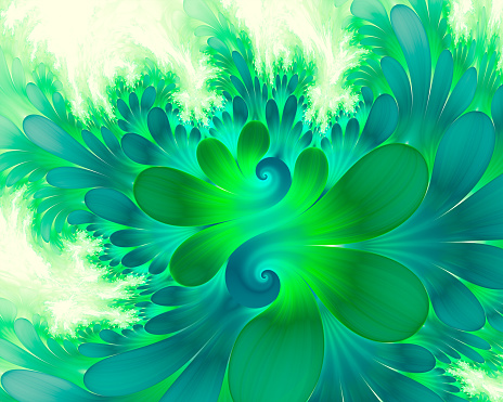 Abstract floral fractal art background in green and blue which suggests leafy plants.