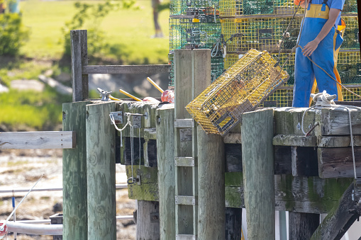 Lowering a lobster trap off a pier.