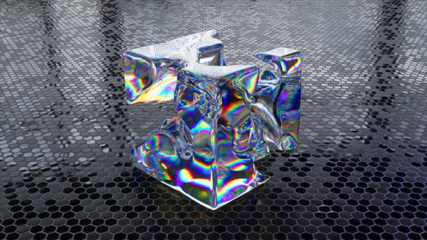 istock Liquid diamond cube appears and disappears against an abstract background. Rainbow. Matter transformation. Black tiles 1502889993