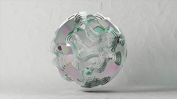 istock Abstract sphere made of iridescent transparent liquid changes shape on a white isolated background. Light refraction. 1502890012