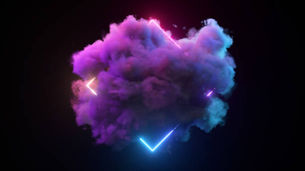 istock A rotating cloud illuminated by a neon light ring on a black isolated background. Glowing geometric figure. 1502890030
