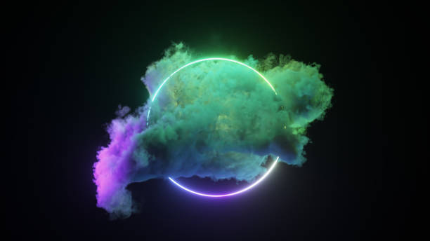 istock A rotating cloud illuminated by a neon light ring on a black isolated background. Glowing geometric figure. 1502890046