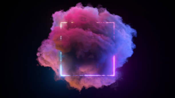 istock Neon rainbow square on an isolated black background. A blue pink cloud flies around and inside the square. 1502890065
