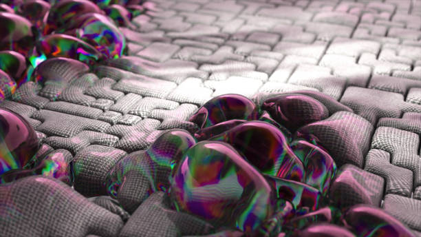 抽象的なコンセプト。大きな虹色の紫緑色の泡が灰色の柔らかい表面に膨らみます。パターン。謎。 - colors spectrum color image lighting equipment ストックフォトと画像