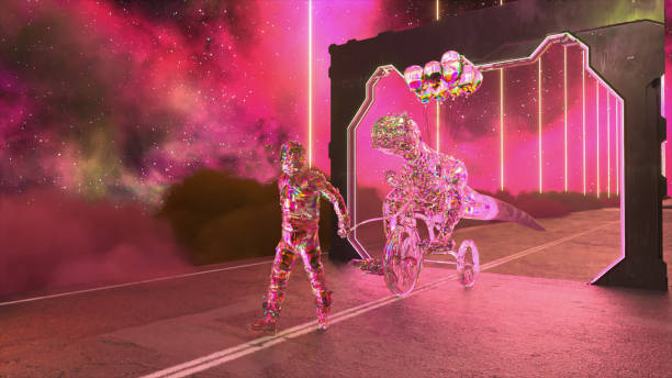 istock Astronaut and the Dinosaur on a bicycle pass through the transparent gate and turn into a diamond. Purple neon color. 1502890257